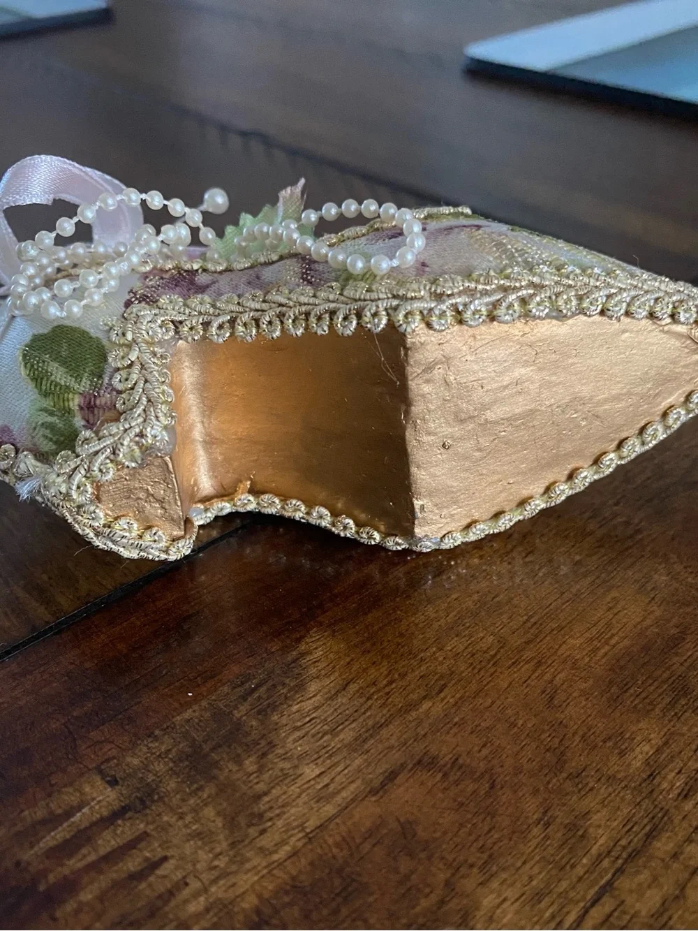Vintage Victorian Style Decorative Shoe Ornament Pink Rose Floral Gold Trim
